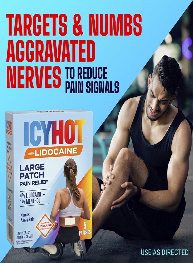 Icy Hot Lidocaine Pain Relief Patches, Numb Aggravated Nerves with Max Strength Lidocaine 4% and Menthol 1%, Fast-Acting Pain Relief for Minor Pain, Backaches, Sprains and Strains, 5 ct. - Image 4